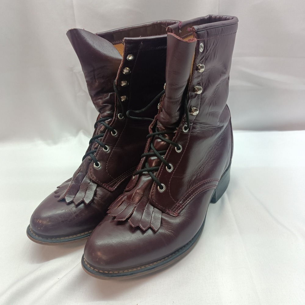 Laredo Womens Burgundy Leather Lace Up Roper Kiltie Boots 6M 213136 Made in USA